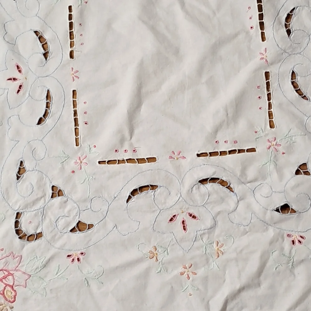 Vintage Embroidered Shower Curtain Pink Floral Cutwork Cottage Chic Linen Look